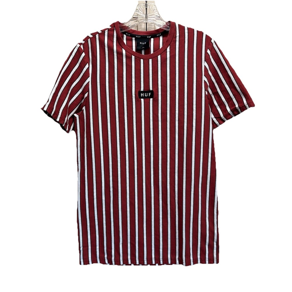HUF Logo Striped Short Sleeve Crew Neck T-Shirt Size Large Cotton Soft‎
